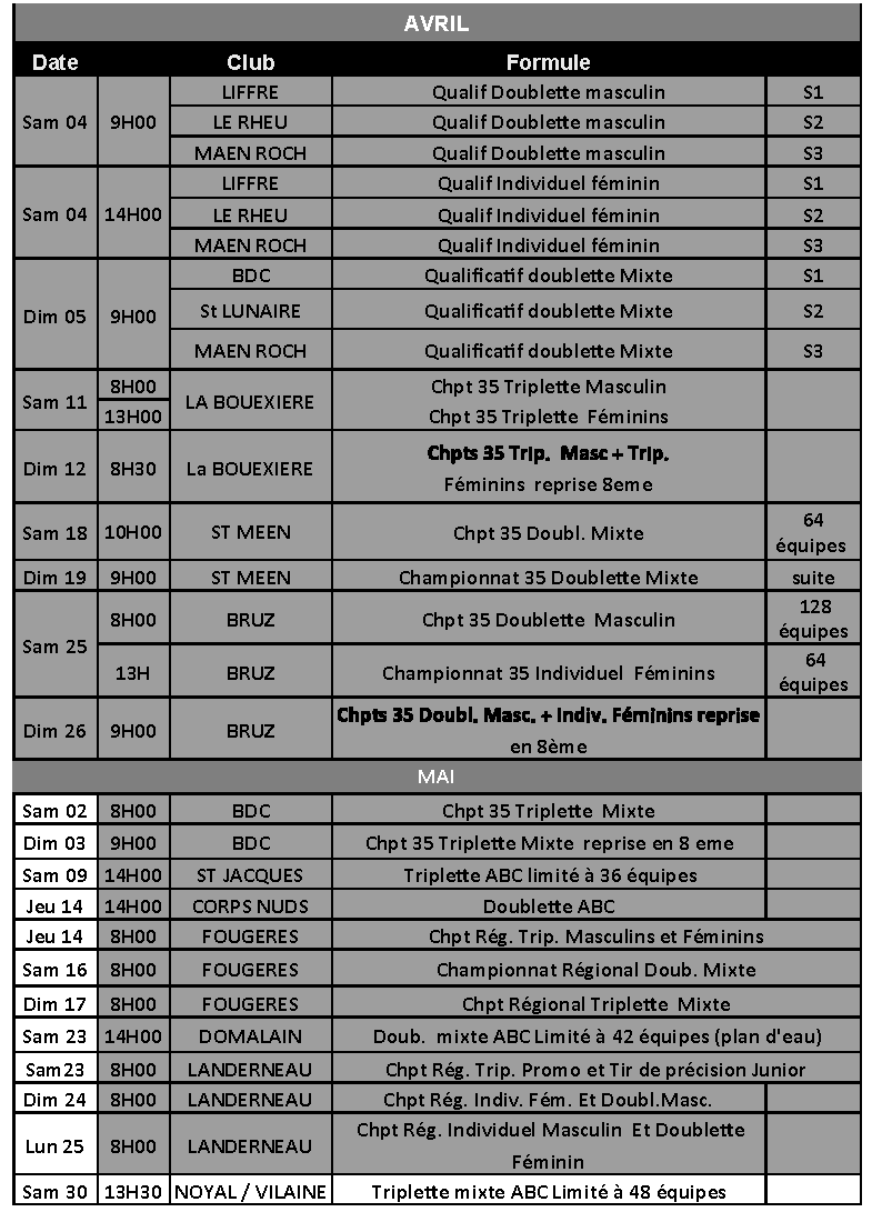 Calendrier senior avril mai