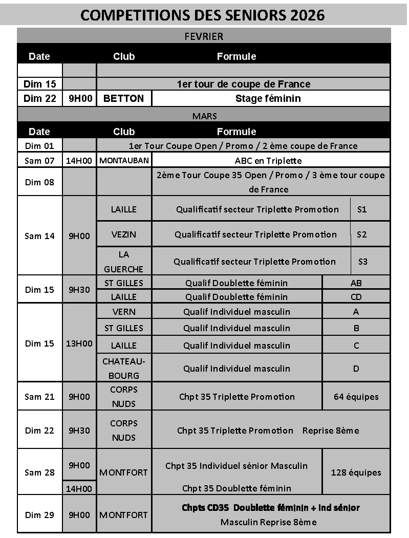 Calendrier senior fev mars
