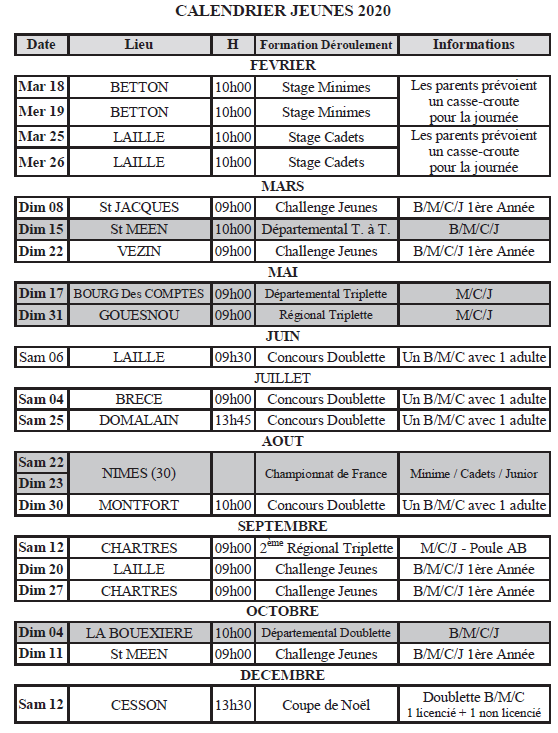 Calendrier Petanque 35 2023 Calendrier Jeunes 2020